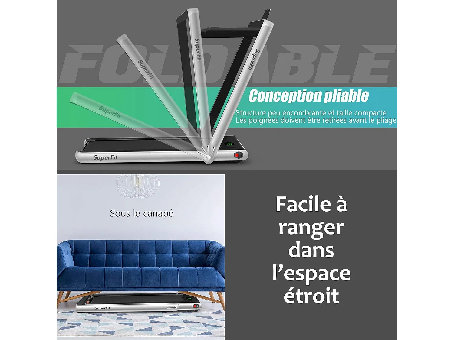 Tapis de Course Electrique Pliable 2 en 1 Contrôlé par APP 12 Km/H avec Ecran LED Haut-parleur Bluetooth Moteur 0,75HP (Argent)