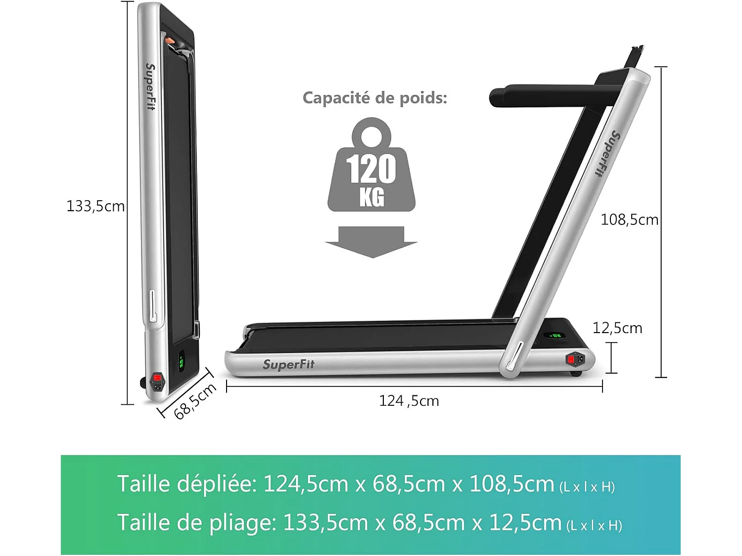 Tapis de Course Electrique Pliable 2 en 1 Contrôlé par APP 12 Km/H avec Ecran LED Haut-parleur Bluetooth Moteur 0,75HP (Argent)