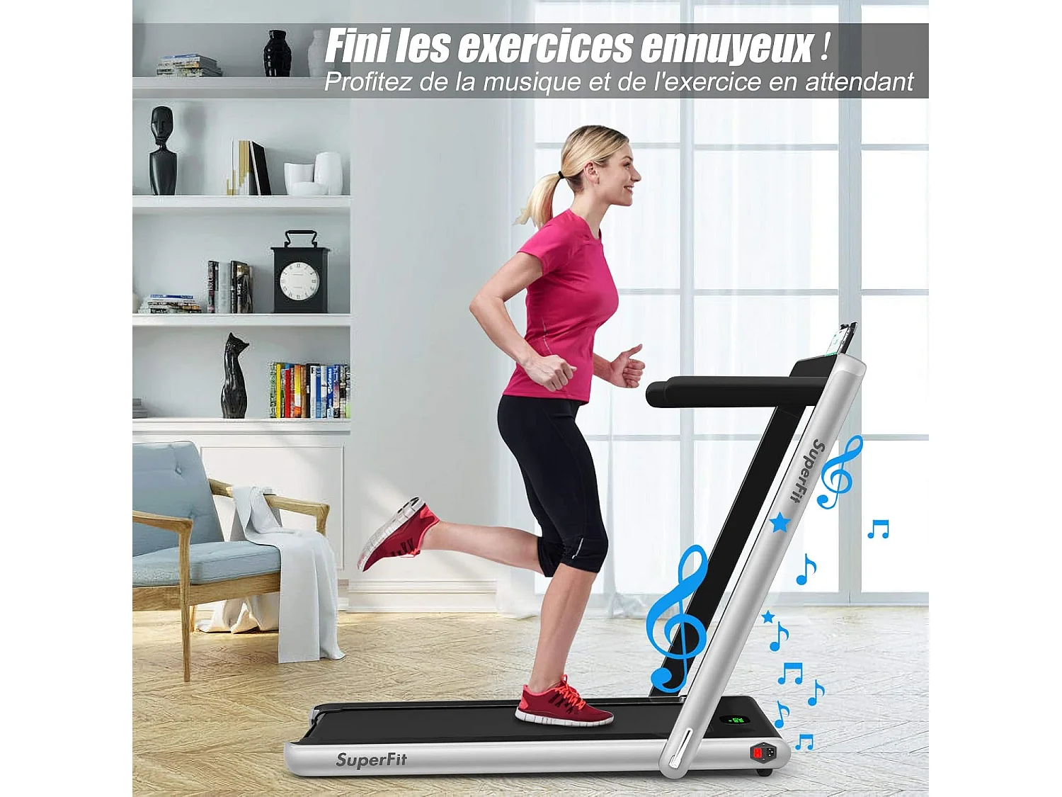Tapis de Course Electrique Pliable 2 en 1 Contrôlé par APP 12 Km/H avec Ecran LED Haut-parleur Bluetooth Moteur 0,75HP (Argent)