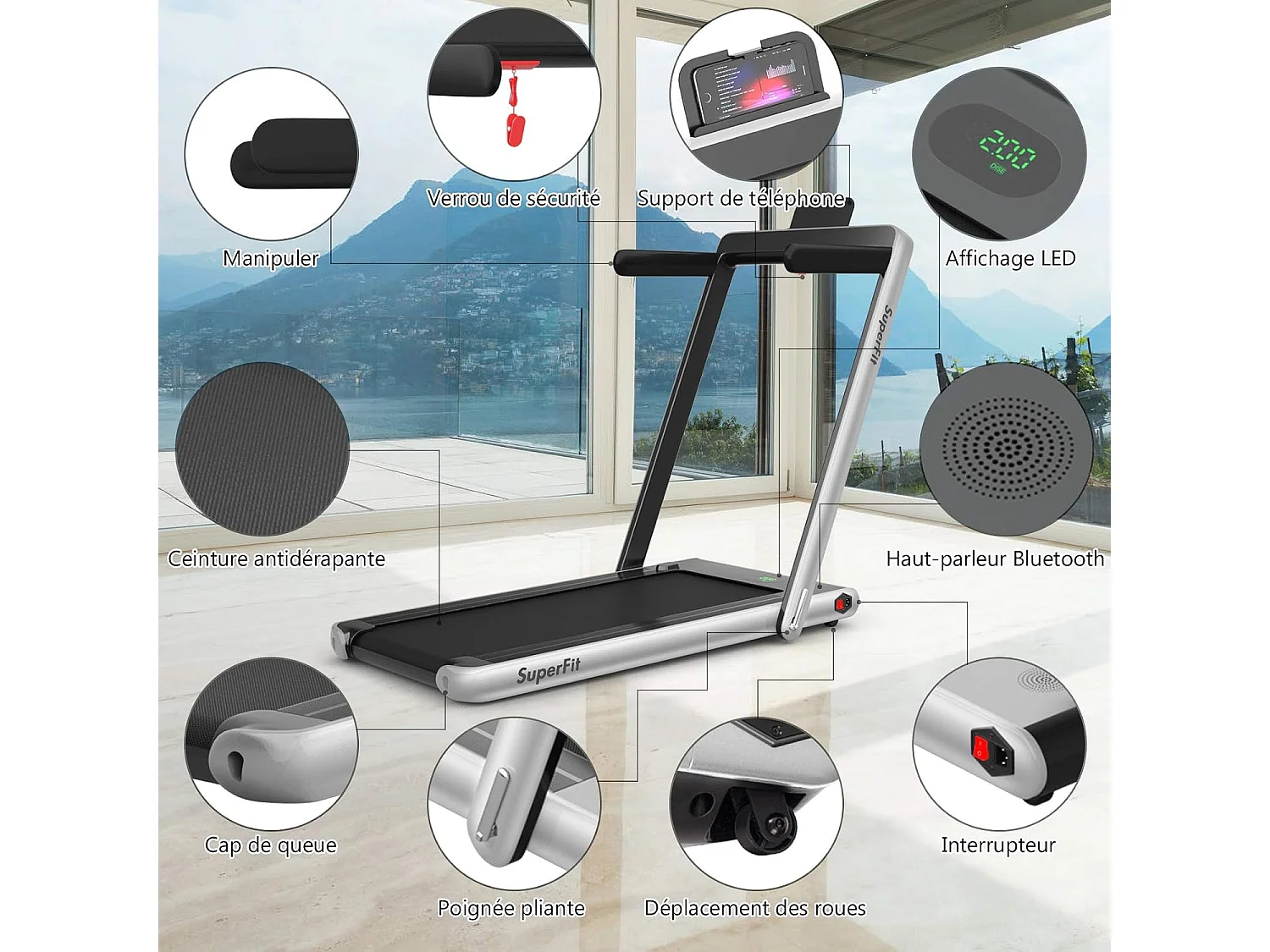 Tapis de Course Electrique Pliable 2 en 1 Contrôlé par APP 12 Km/H avec Ecran LED Haut-parleur Bluetooth Moteur 0,75HP (Argent)