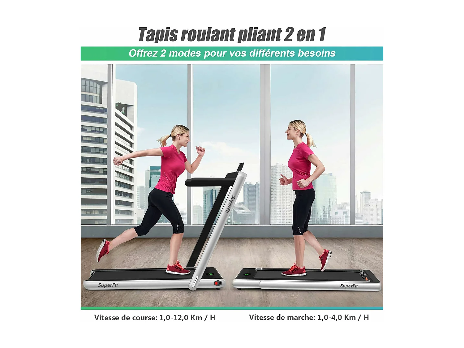 Tapis de Course Electrique Pliable 2 en 1 Contrôlé par APP 12 Km/H avec Ecran LED Haut-parleur Bluetooth Moteur 0,75HP (Argent)