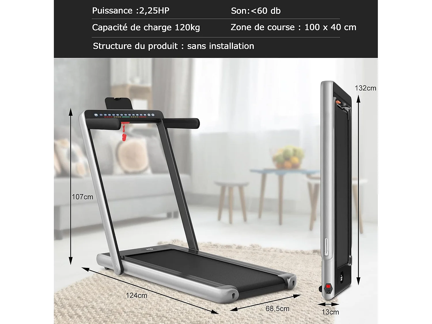 Tapis de course electrique pliable 2 en 1 vitesse 1-12 km/h, tapis roulant surface 40x100cm