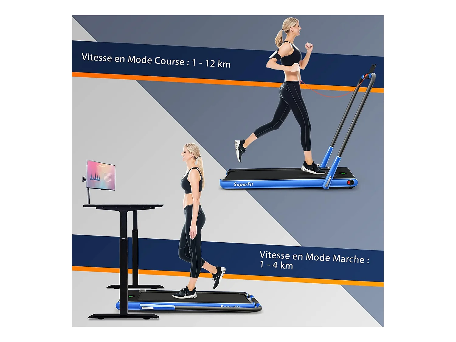 Tapis de Course Pliable 2 en 1/Tapis Roulant Électrique Motorisé 1-12 KM/H avec Application, Télécommande, Écran LED, pour Maison et Bureau, Bleu