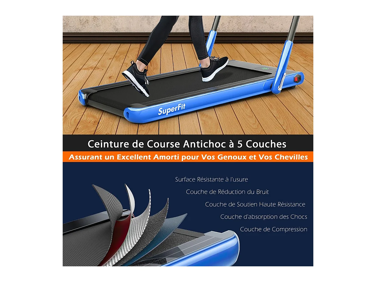 Tapis de Course Pliable 2 en 1/Tapis Roulant Électrique Motorisé 1-12 KM/H avec Application, Télécommande, Écran LED, pour Maison et Bureau, Bleu