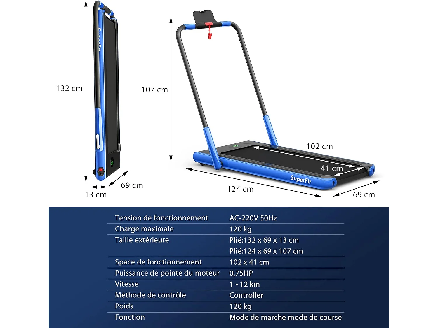 Tapis de Course Pliable 2 en 1/Tapis Roulant Électrique Motorisé 1-12 KM/H avec Application, Télécommande, Écran LED, pour Maison et Bureau, Bleu
