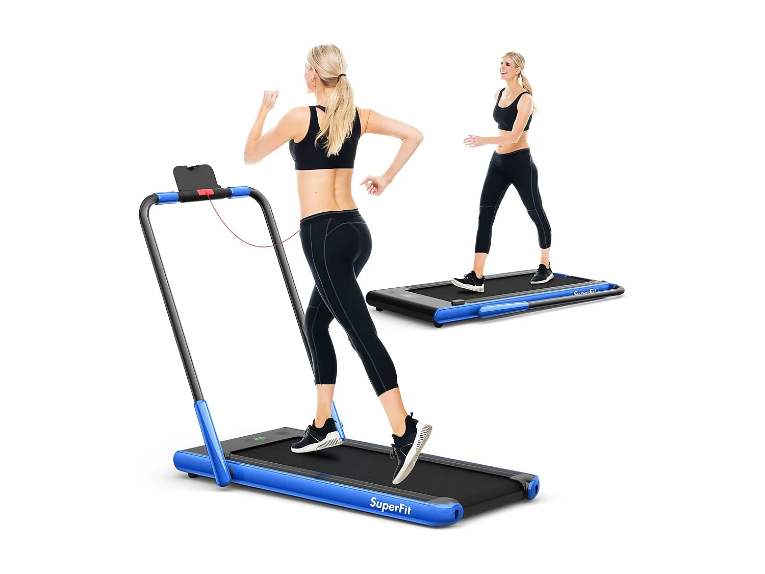 Tapis de Course Pliable 2 en 1/Tapis Roulant Électrique Motorisé 1-12 KM/H avec Application, Télécommande, Écran LED, pour Maison et Bureau, Bleu