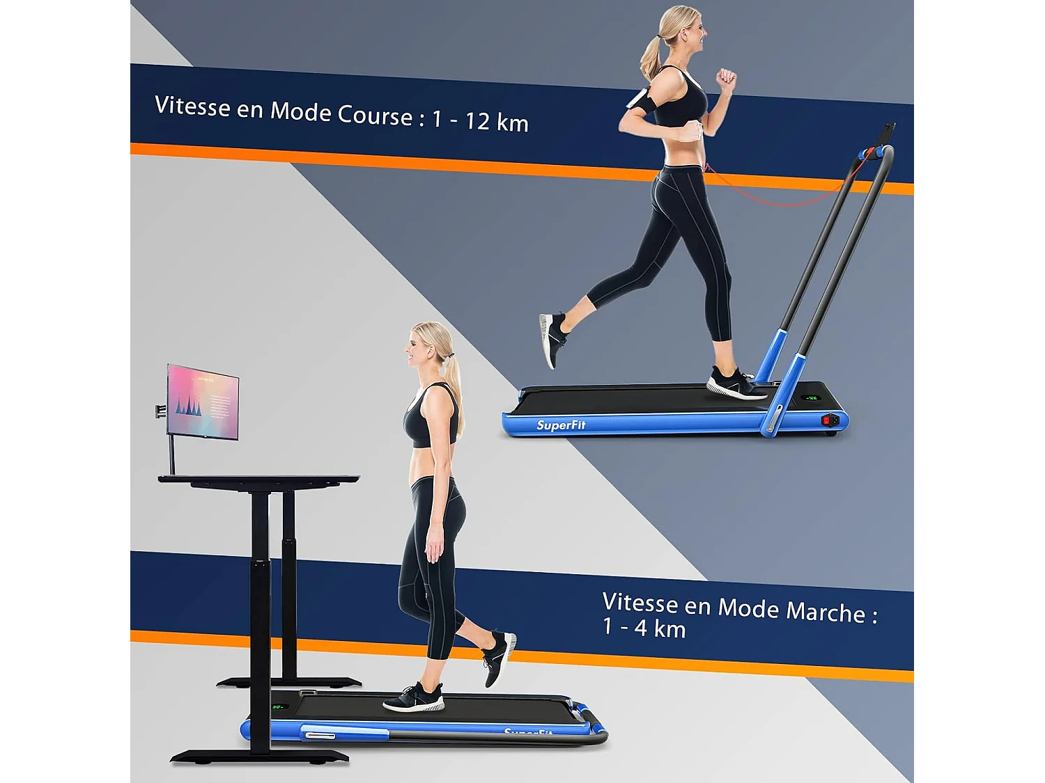 Tapis de Course Pliable 2 en 1/Tapis Roulant Électrique Motorisé 1-12 KM/H avec Application, Télécommande, Écran LED, pour Maison et Bureau, Bleu