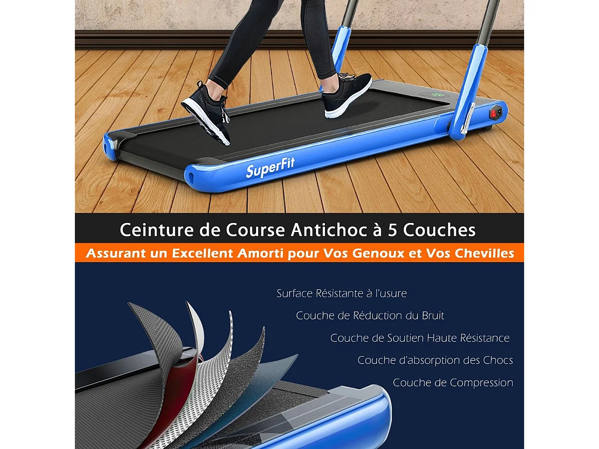 Tapis de Course Pliable 2 en 1/Tapis Roulant Électrique Motorisé 1-12 KM/H avec Application, Télécommande, Écran LED, pour Maison et Bureau, Bleu