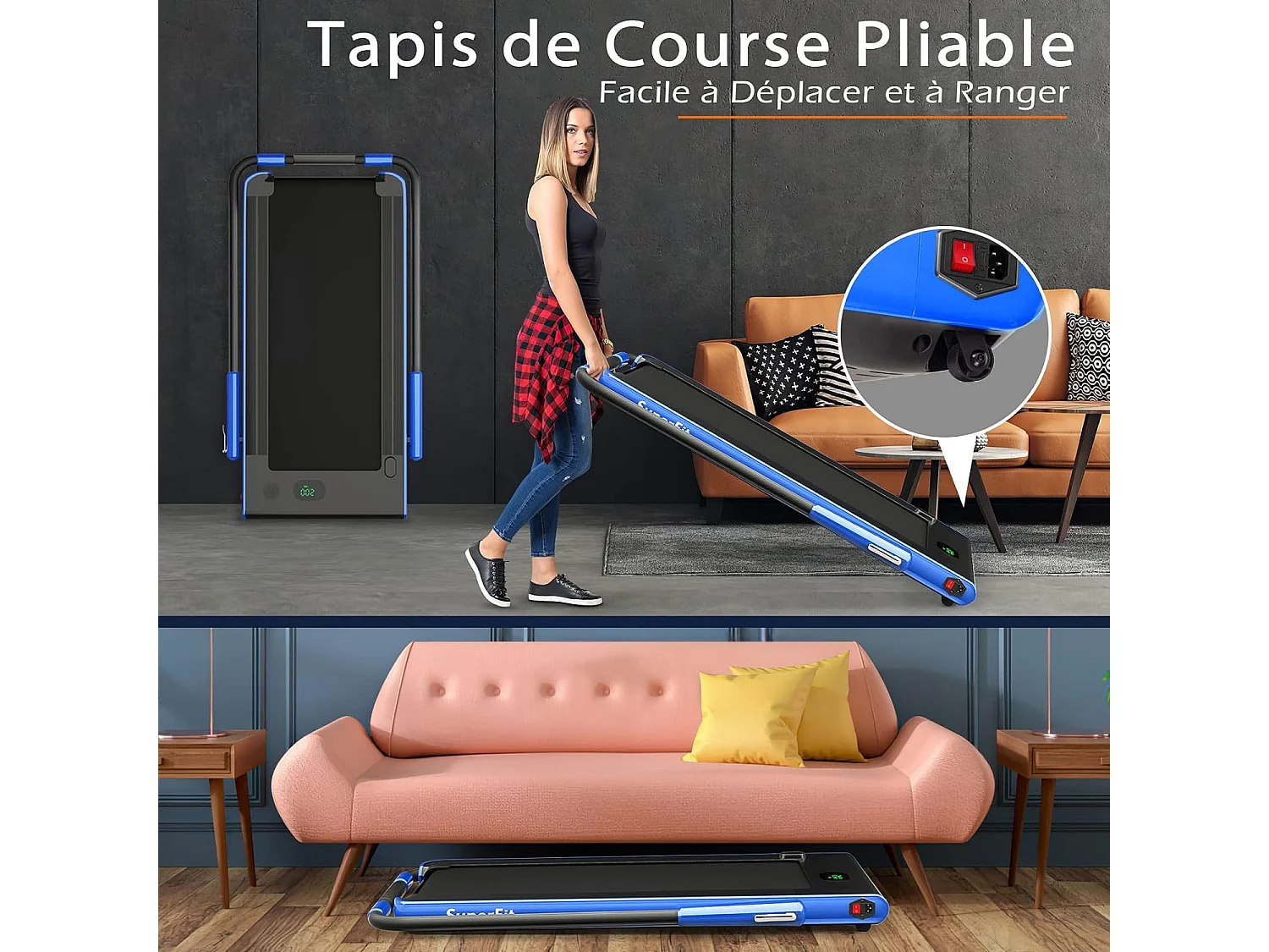 Tapis de Course Pliable 2 en 1/Tapis Roulant Électrique Motorisé 1-12 KM/H avec Application, Télécommande, Écran LED, pour Maison et Bureau, Bleu