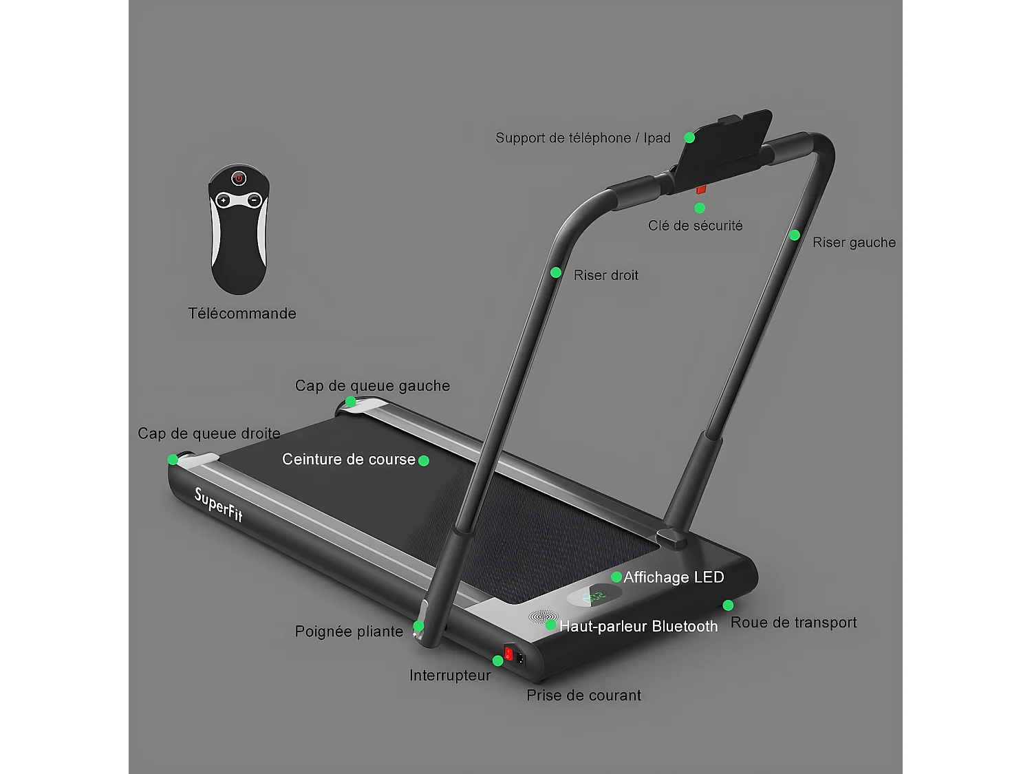 Tapis de Course Electrique Pliable 2 en 1 Contrôlé par APP 12 Km/H avec Ecran LED Haut-parleur Bluetooth Moteur 0,75HP
