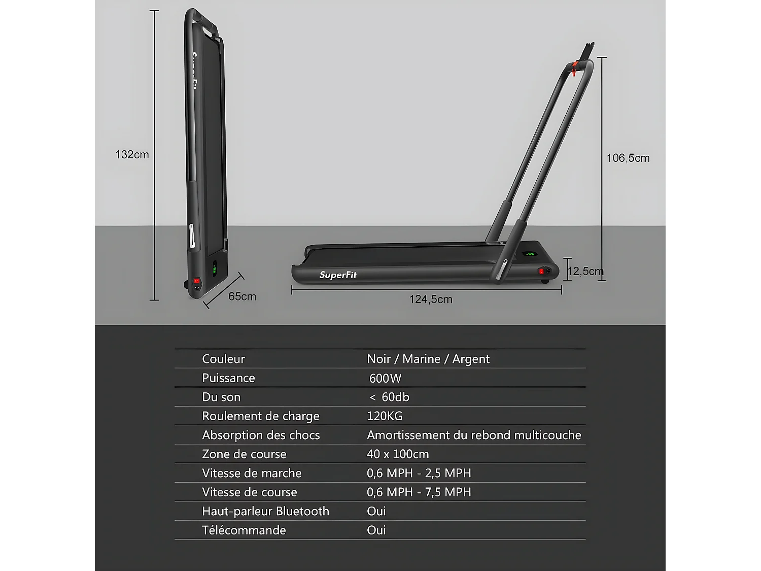 Tapis de Course Electrique Pliable 2 en 1 Contrôlé par APP 12 Km/H avec Ecran LED Haut-parleur Bluetooth Moteur 0,75HP