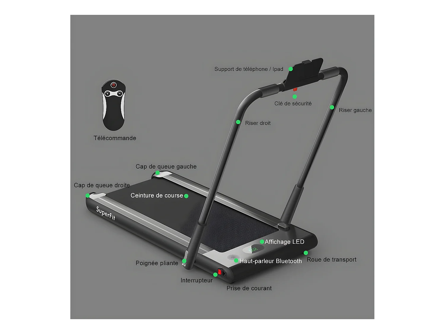 Tapis de Course Electrique Pliable 2 en 1 Contrôlé par APP 12 Km/H avec Ecran LED Haut-parleur Bluetooth Moteur 0,75HP
