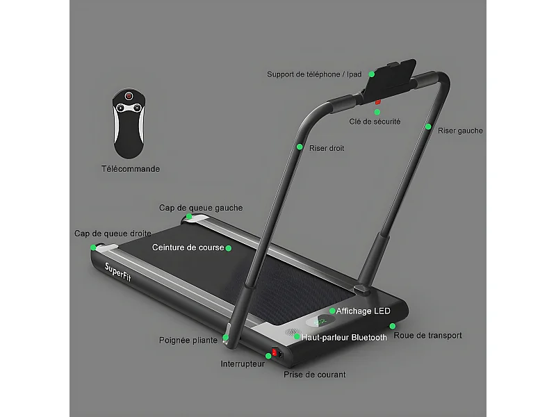 Tapis de Course Electrique Pliable 2 en 1 Contrôlé par APP 12 Km/H avec Ecran LED Haut-parleur Bluetooth Moteur 0,75HP
