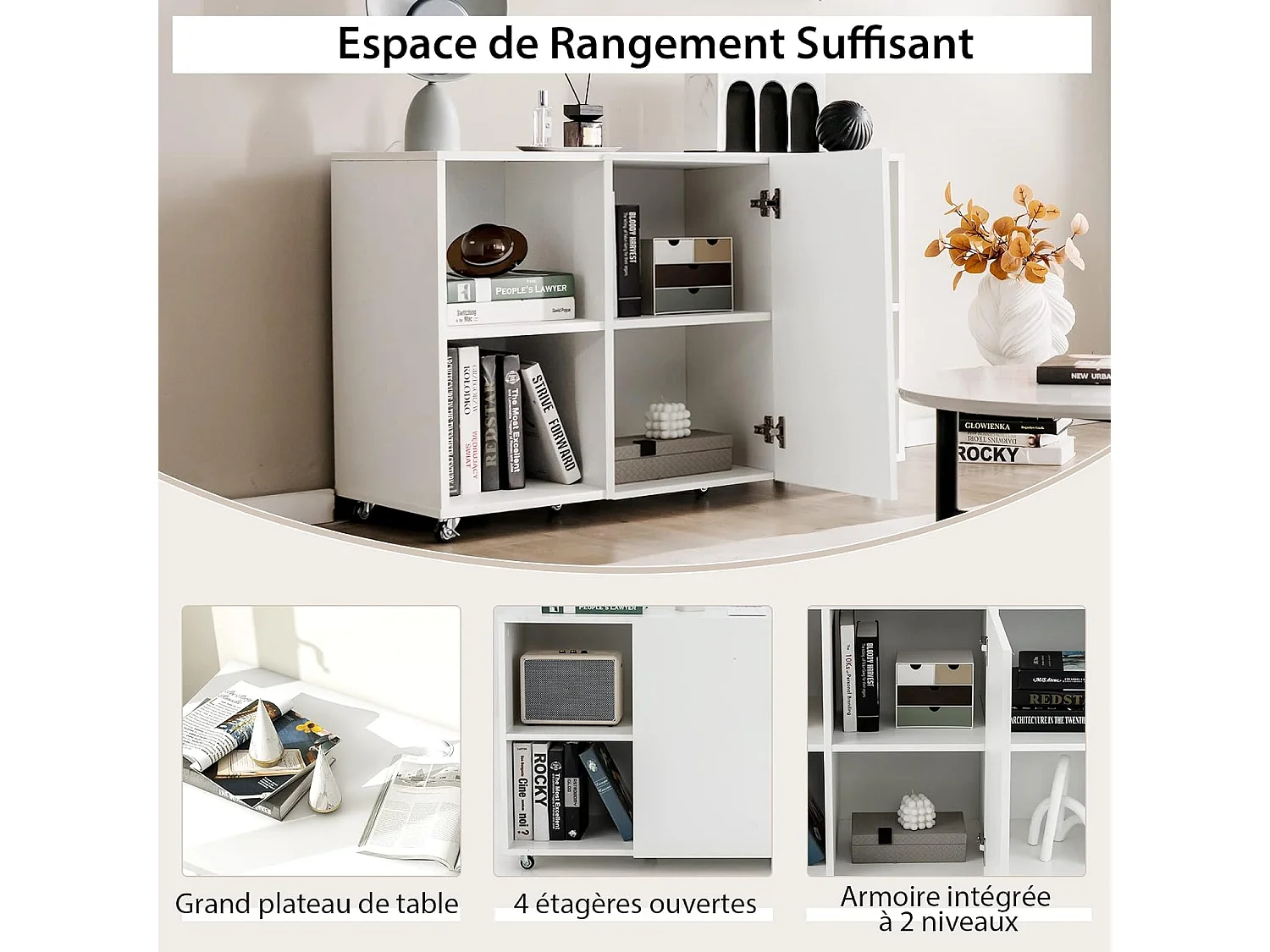 Caisson Bureau avec 6 Compartiments, 110 x 40 x 69 cm, Blanc