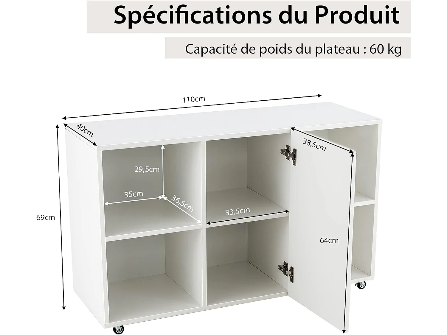 Caisson Bureau avec 6 Compartiments, 110 x 40 x 69 cm, Blanc