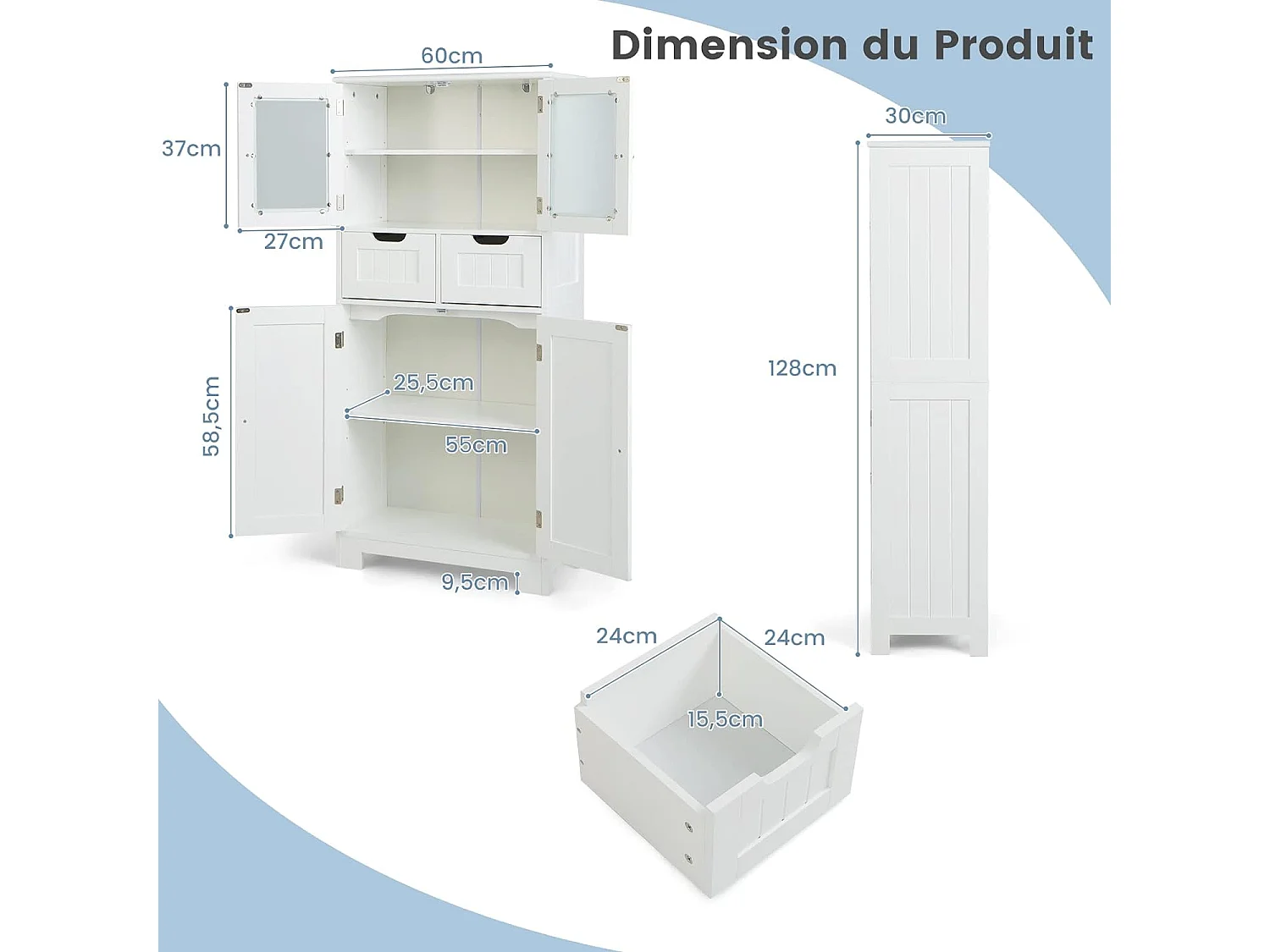 Badkamerkolom 60 x 30 x 128 cm hoge kast met verstelbare planken voor woonkamer, keuken, wit
