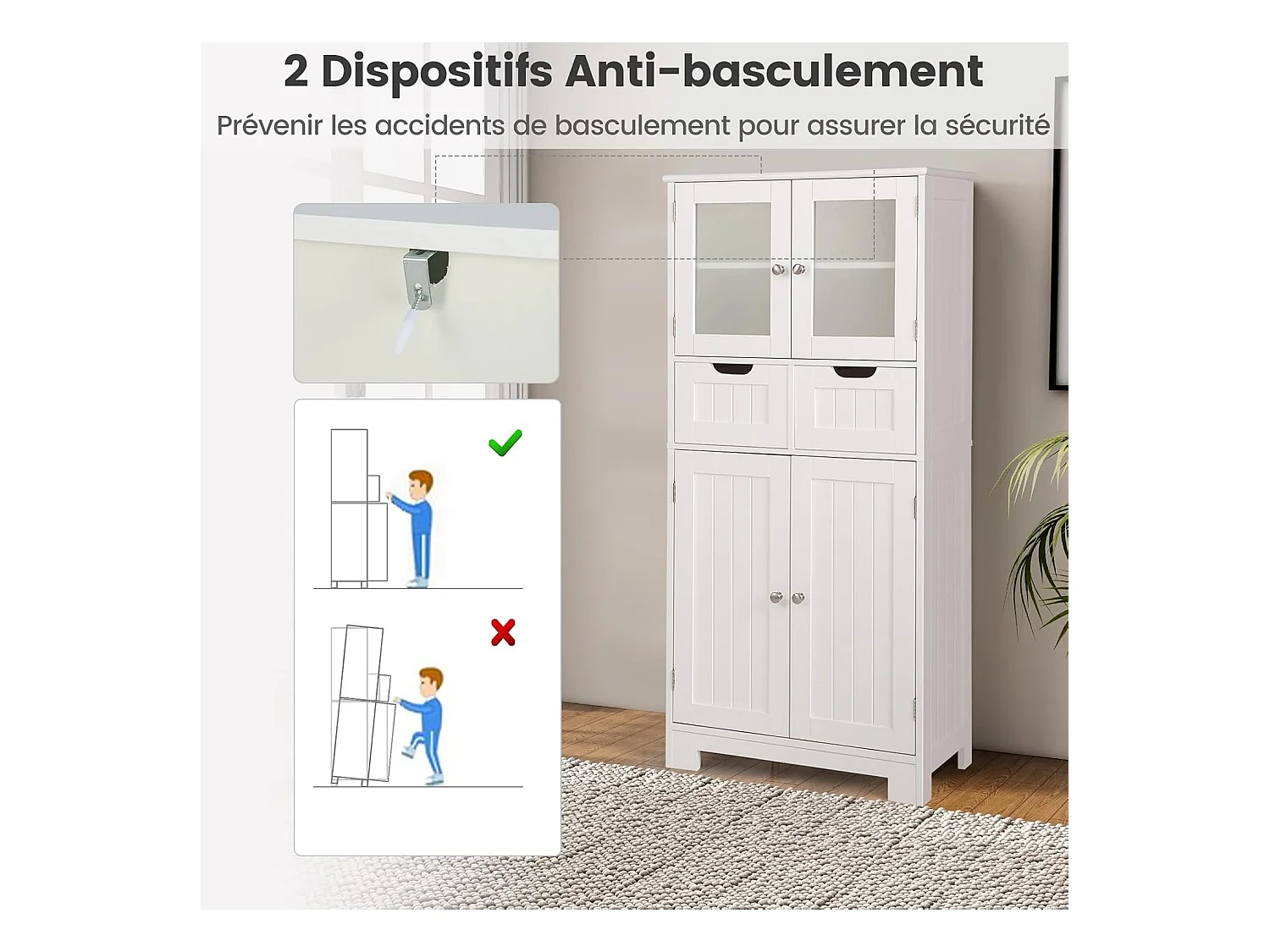 Badkamerkolom 60 x 30 x 128 cm hoge kast met verstelbare planken voor woonkamer, keuken, wit