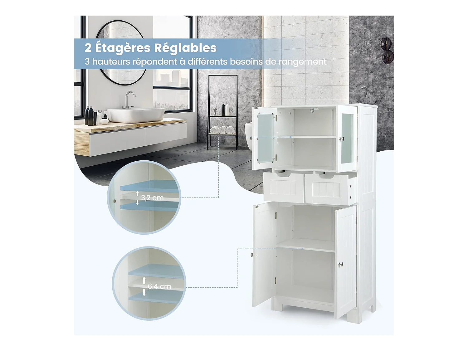 Badkamerkolom 60 x 30 x 128 cm hoge kast met verstelbare planken voor woonkamer, keuken, wit