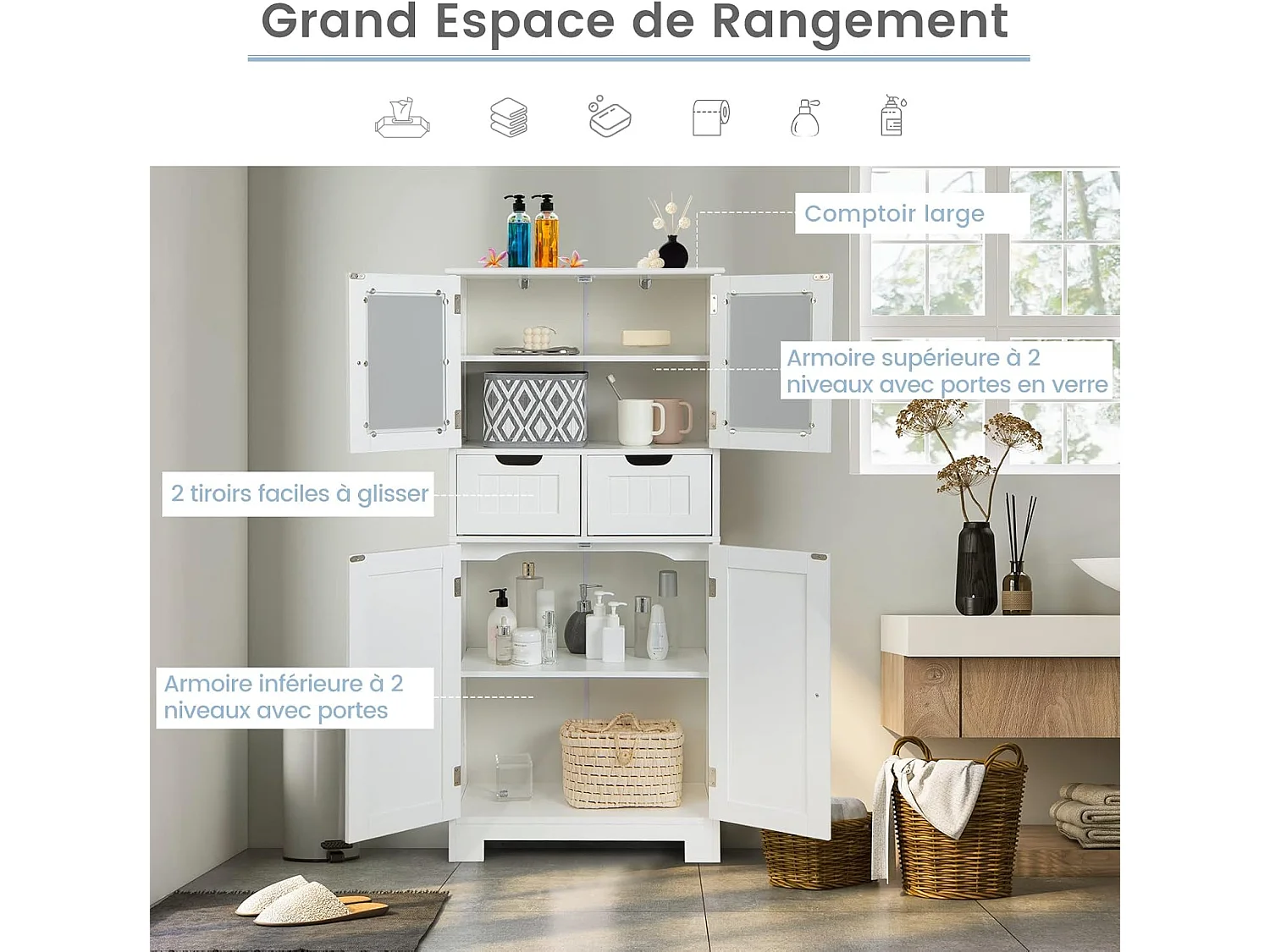 Badkamerkolom 60 x 30 x 128 cm hoge kast met verstelbare planken voor woonkamer, keuken, wit