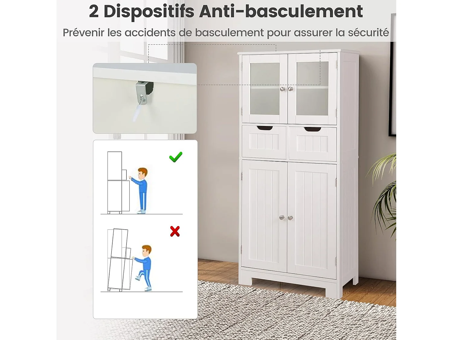 Colonne Salle de Bain 60 x 30 x 128 cm Armoire Haute avec Étagères Réglables pour Salon, Cuisine, Blanc