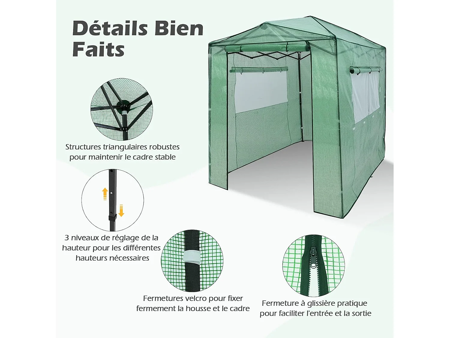 Serre de Jardin Portable avec 2 Larges Fenêtres Observation,180 x 250CM