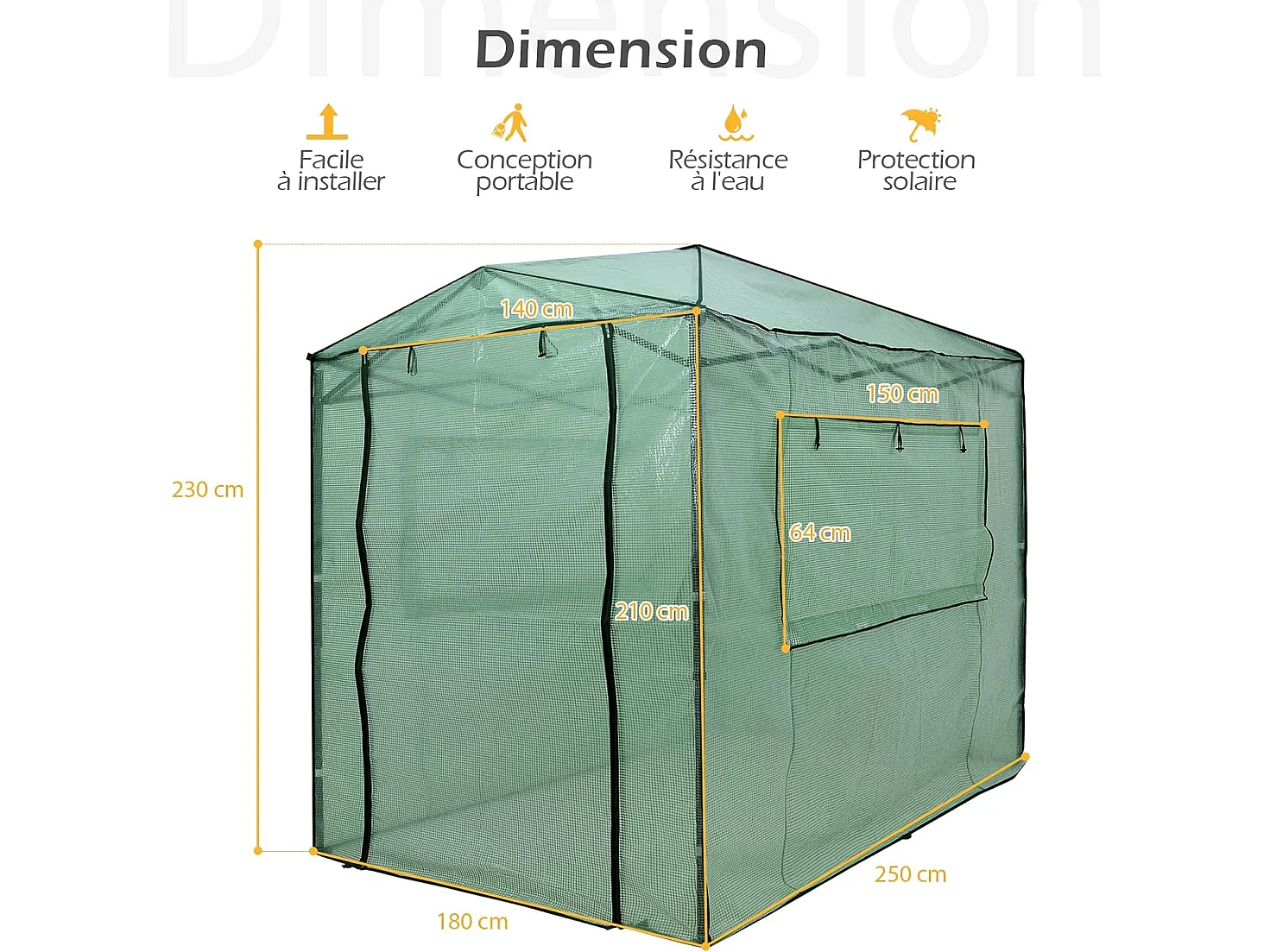 Serre de Jardin Portable avec 2 Larges Fenêtres Observation,180 x 250CM