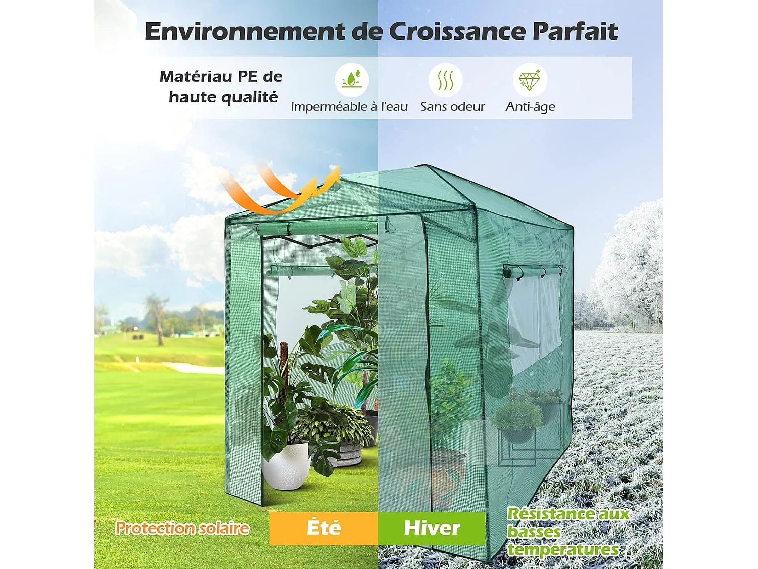 Serre de Jardin Portable avec 2 Larges Fenêtres Observation,180 x 250CM