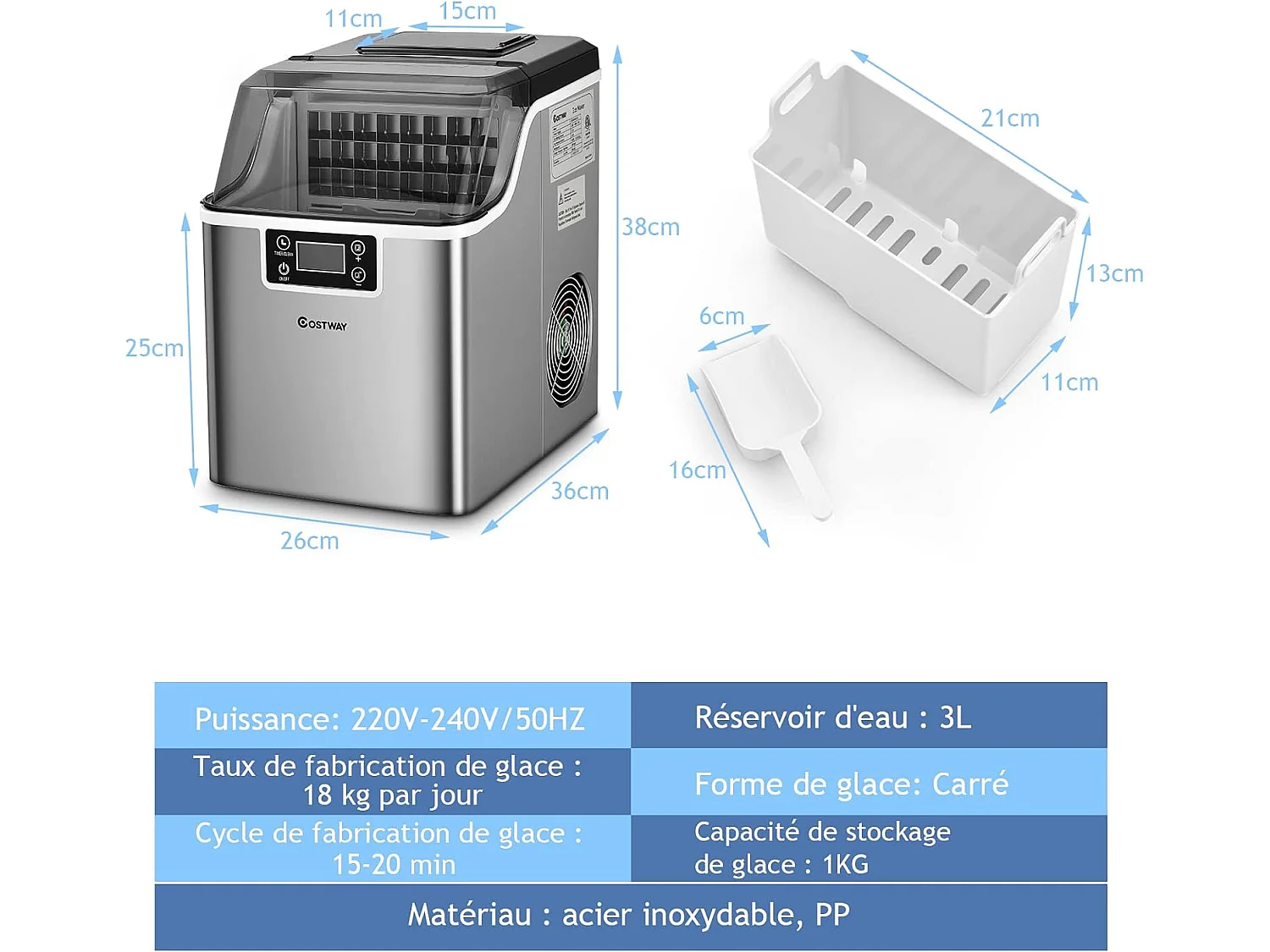 Machine à glaçons 18kg/24 h avec emplacement de bonbonne ecran lcd minuterie pelle auto-nettoyage réservoir d'eau