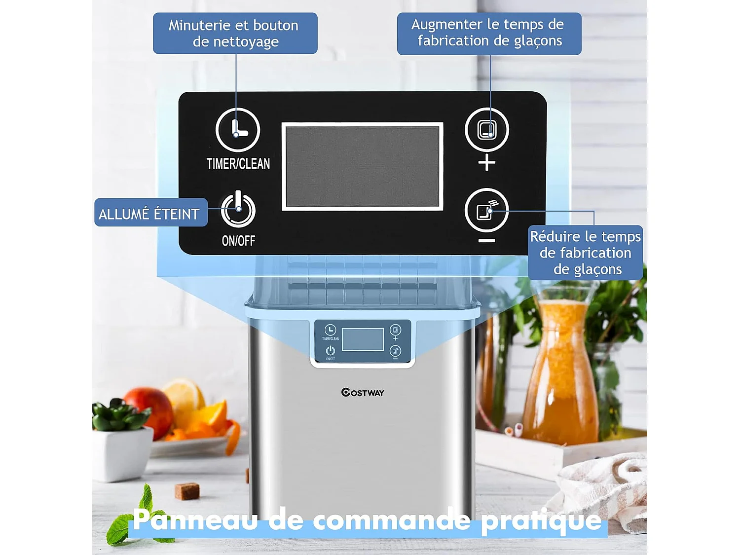 Machine à glaçons 18kg/24 h avec emplacement de bonbonne ecran lcd minuterie pelle auto-nettoyage réservoir d'eau
