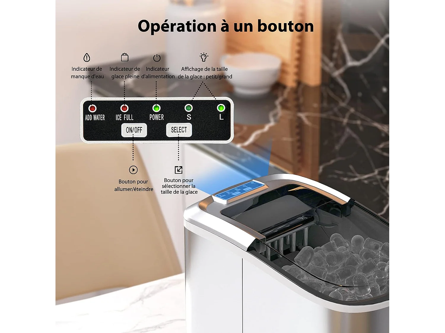 Machine à glaçons portable 12 kg/24h 2 formats de glaçons 6-13 minutes réservoir d'eau 2,2 l