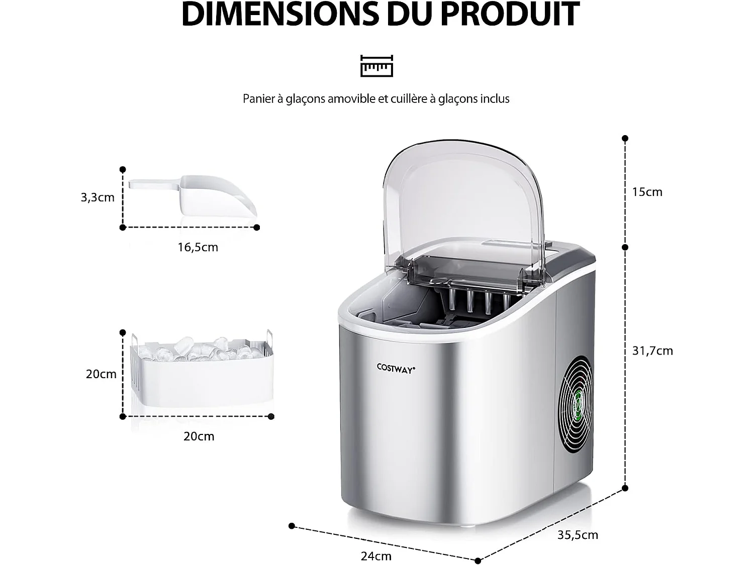 Machine à glaçons portable 12 kg/24h 2 formats de glaçons 6-13 minutes réservoir d'eau 2,2 l