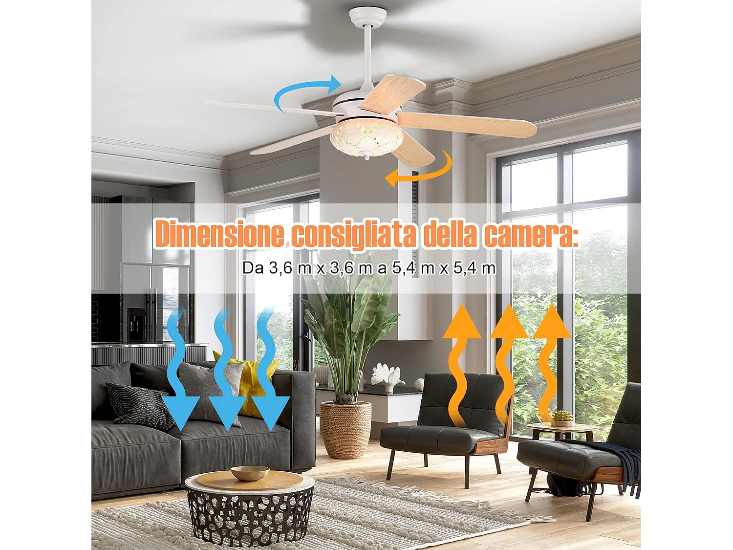 Ventilateur de Plafond Dia. 132CM avec Télécommande 5 Pales Réversibles 3 Vitesses et Minuterie 1-8H