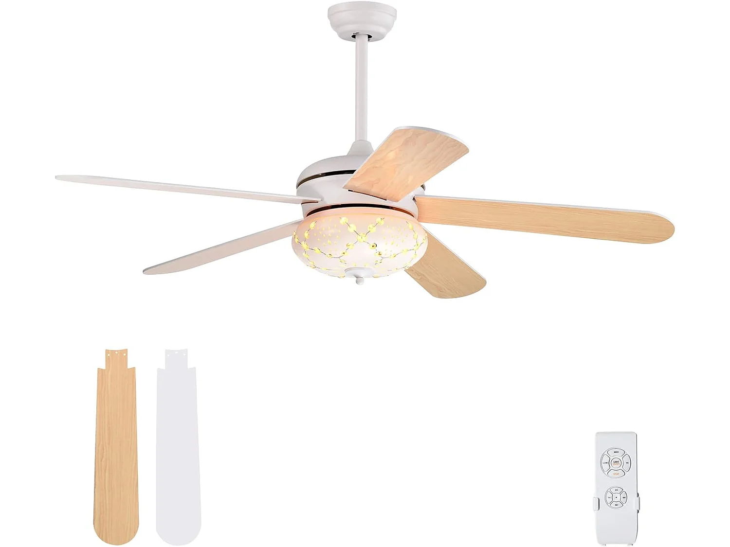 Ventilateur de Plafond Dia. 132CM avec Télécommande 5 Pales Réversibles 3 Vitesses et Minuterie 1-8H