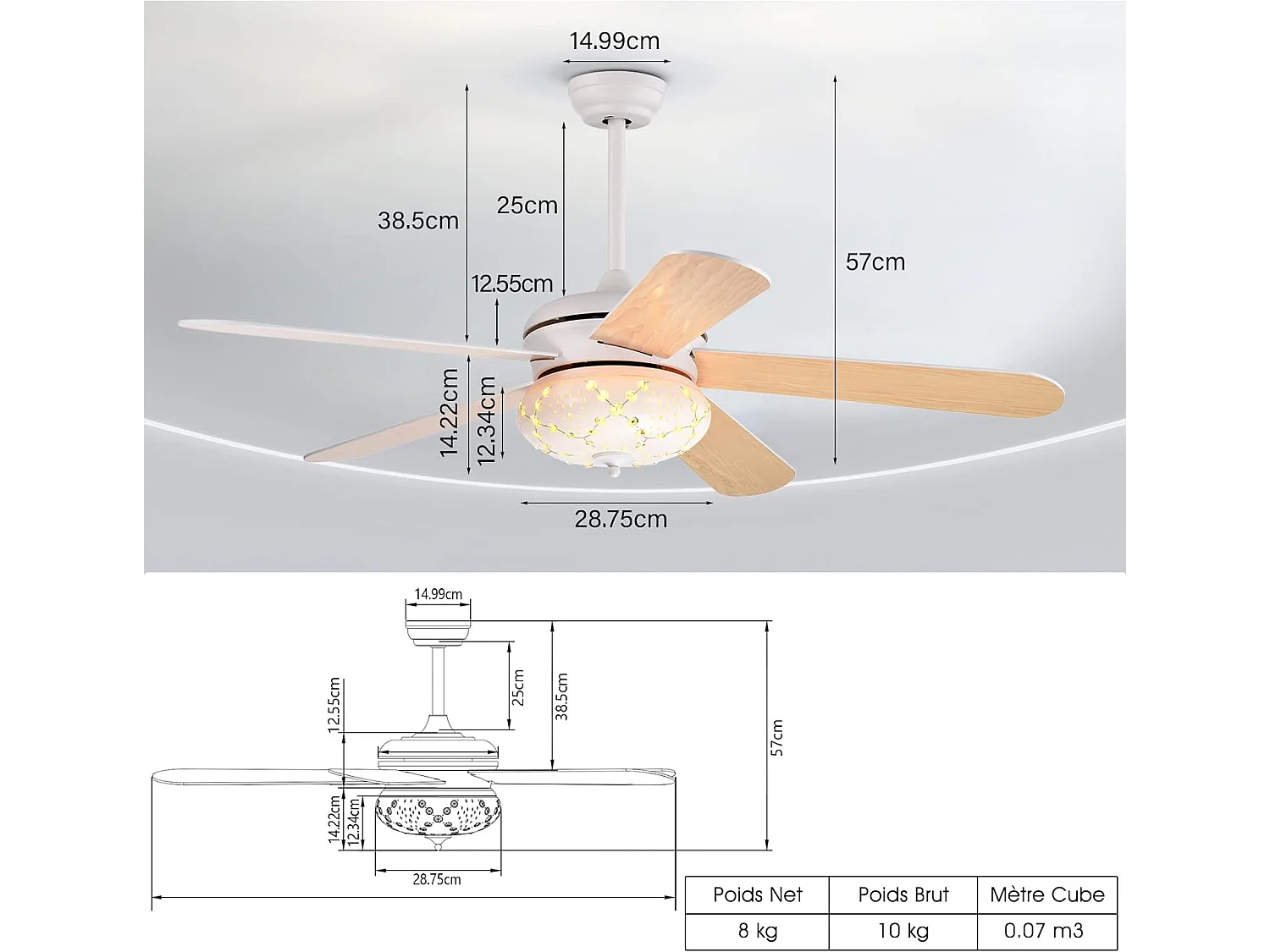 Ventilateur de Plafond Dia. 132CM avec Télécommande 5 Pales Réversibles 3 Vitesses et Minuterie 1-8H