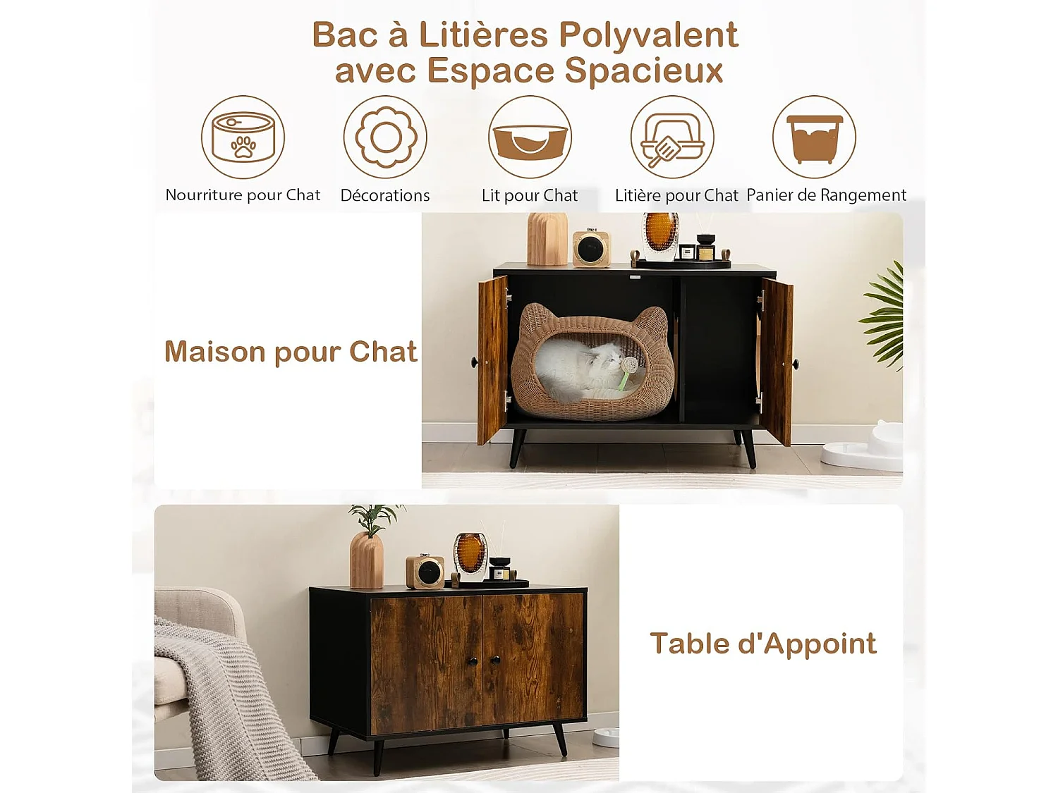Maison de Toilette pour Chat à Double Portes, 80x50x57cm
