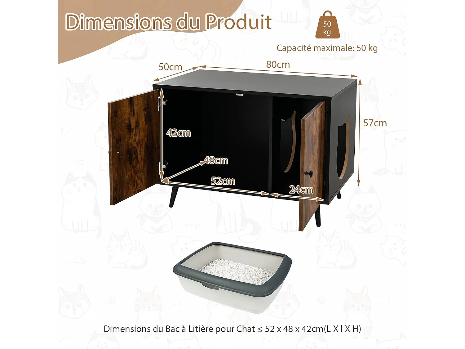Maison de Toilette pour Chat à Double Portes, 80x50x57cm