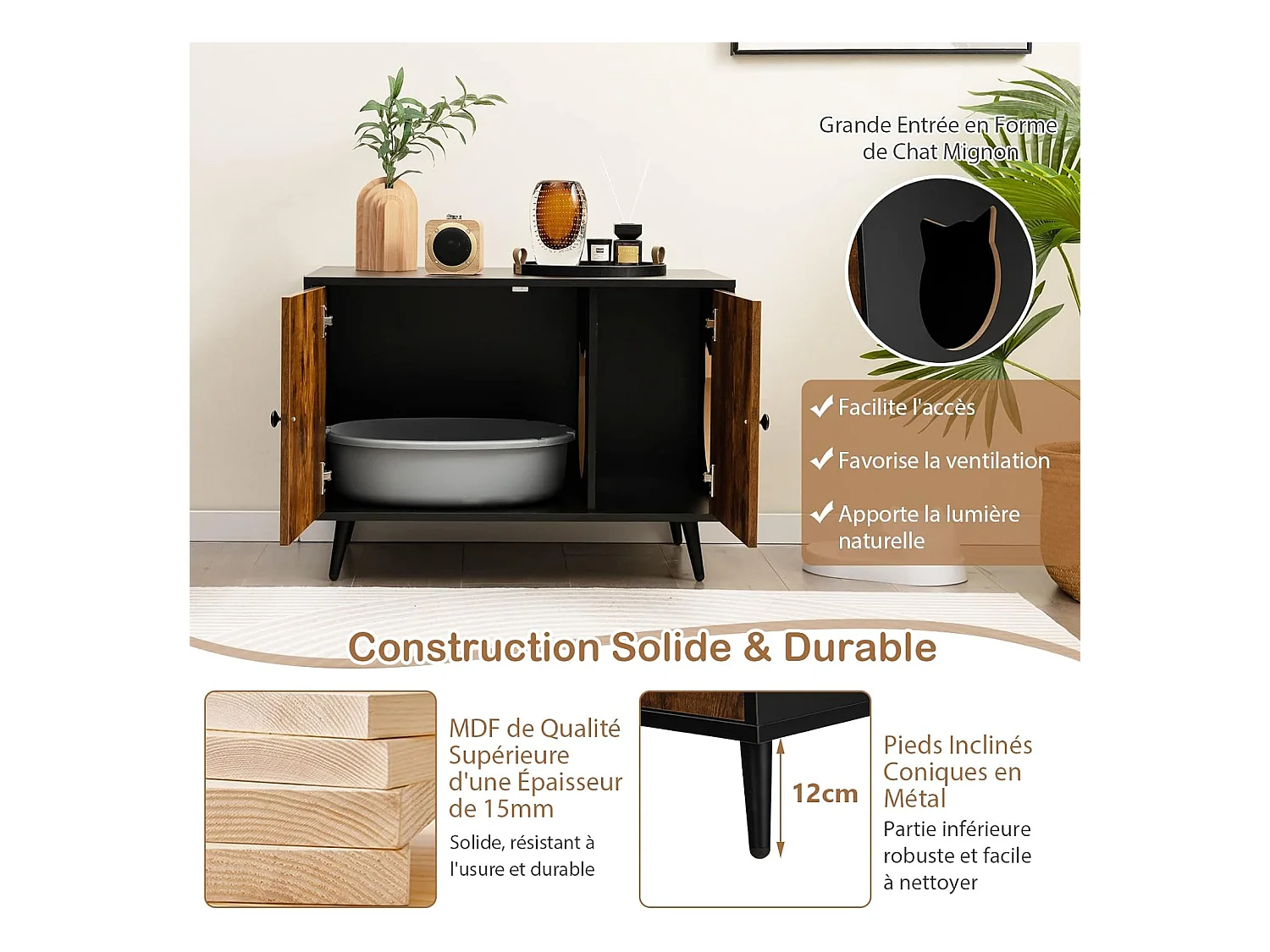 Maison de Toilette pour Chat à Double Portes, 80x50x57cm