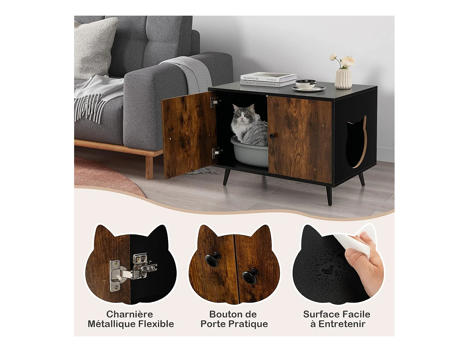 Maison de Toilette pour Chat à Double Portes, 80x50x57cm