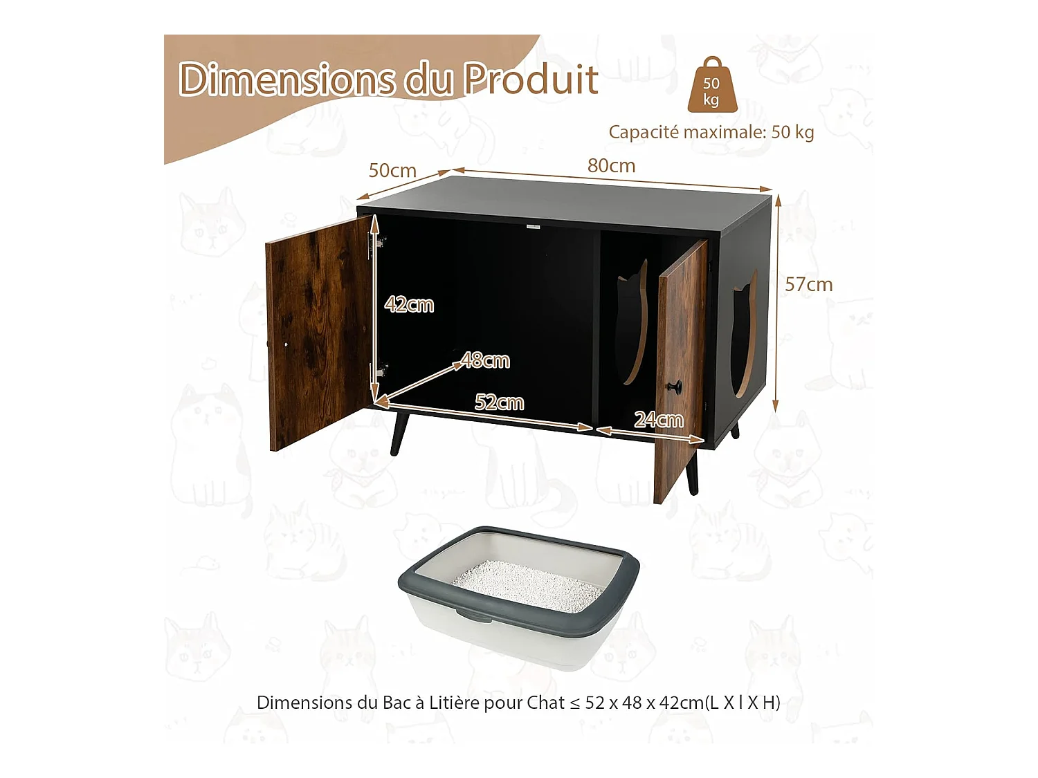 Maison de Toilette pour Chat à Double Portes, 80x50x57cm