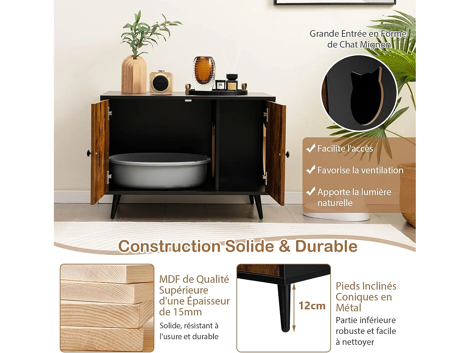 Maison de Toilette pour Chat à Double Portes, 80x50x57cm