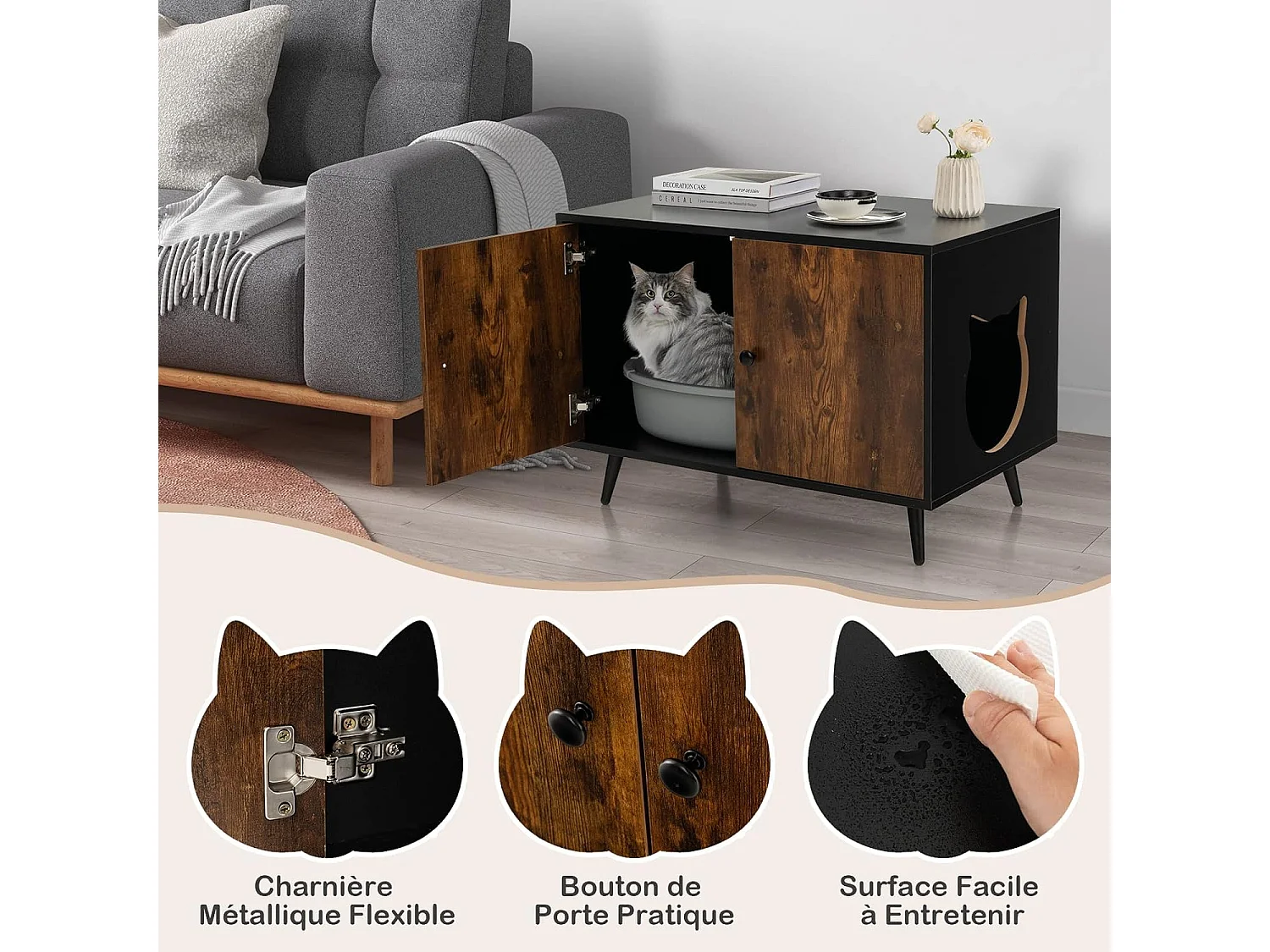 Maison de Toilette pour Chat à Double Portes, 80x50x57cm