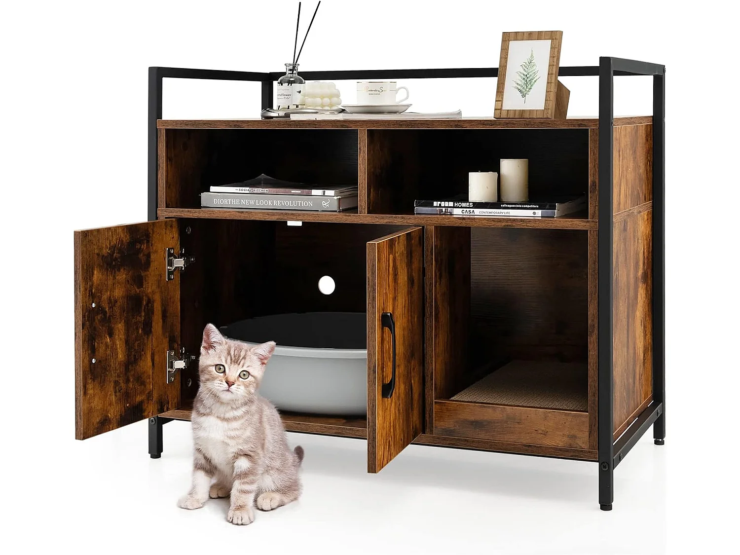 Meuble Litiere Chat Griffoir Amovible Industriel, 89x45x74,5cm  Café