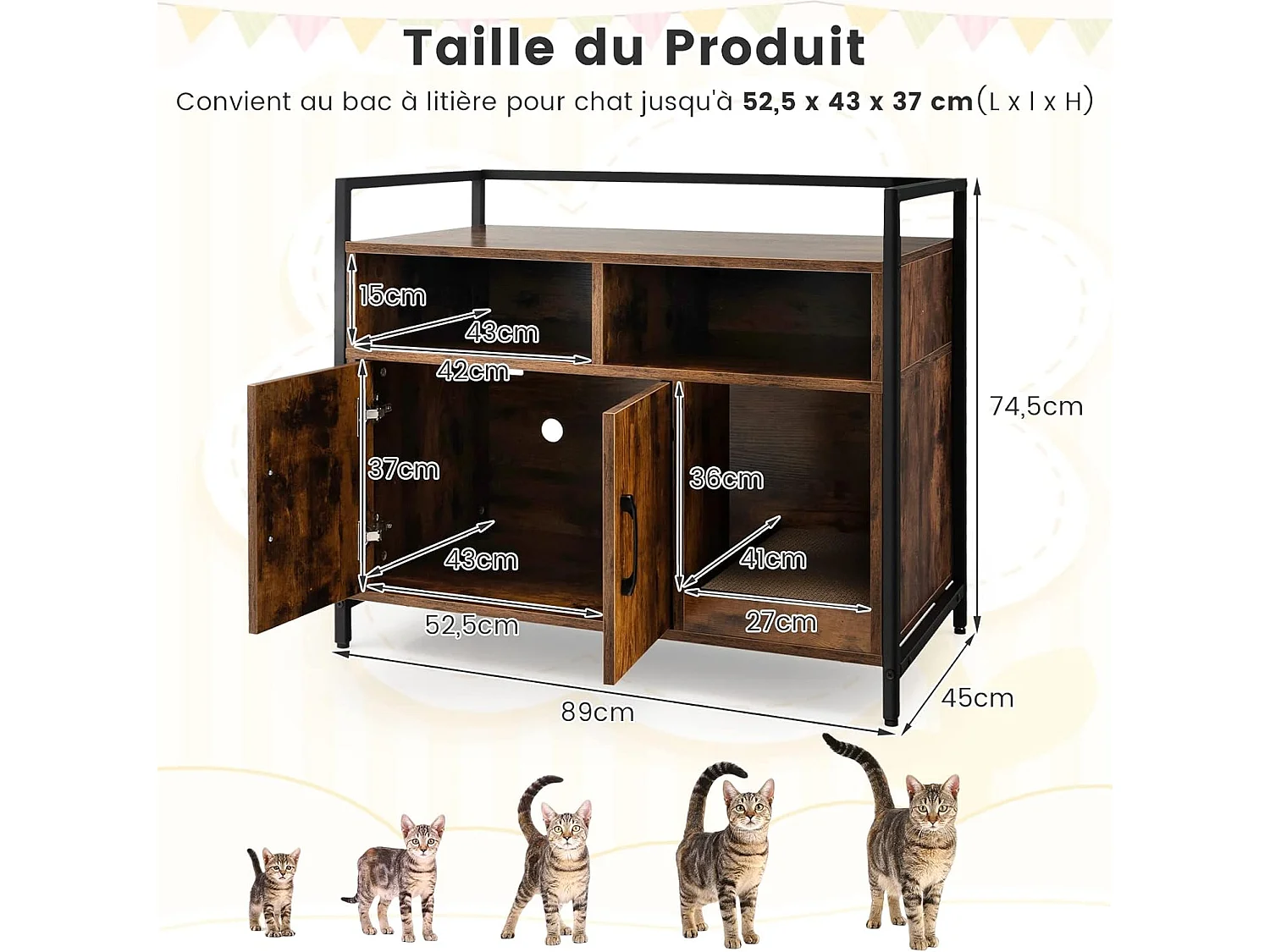 Meuble Litiere Chat Griffoir Amovible Industriel, 89x45x74,5cm  Café