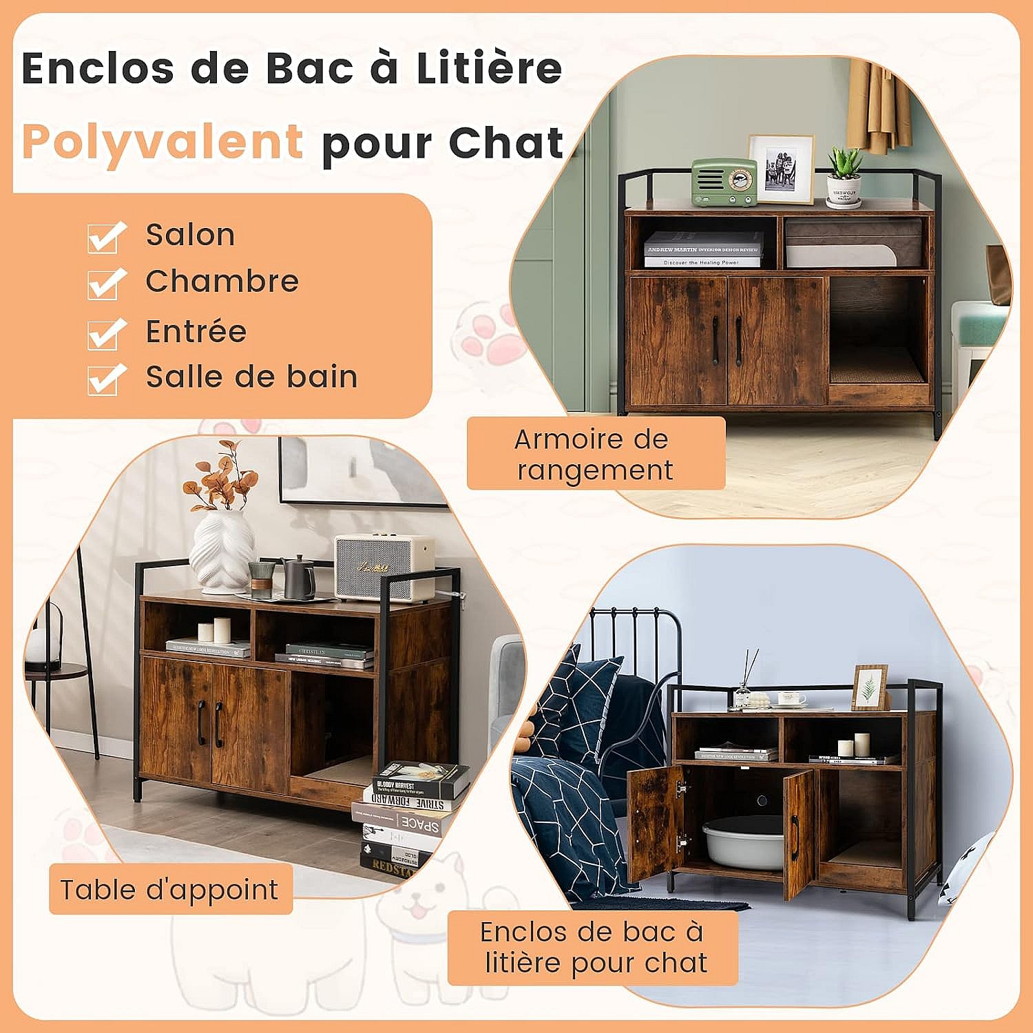 Meuble Litière Chat COSTWAY 3 En 1 - Cache Litière Avec Portes, Plateau Rabattable Et Séparateur Amovible
