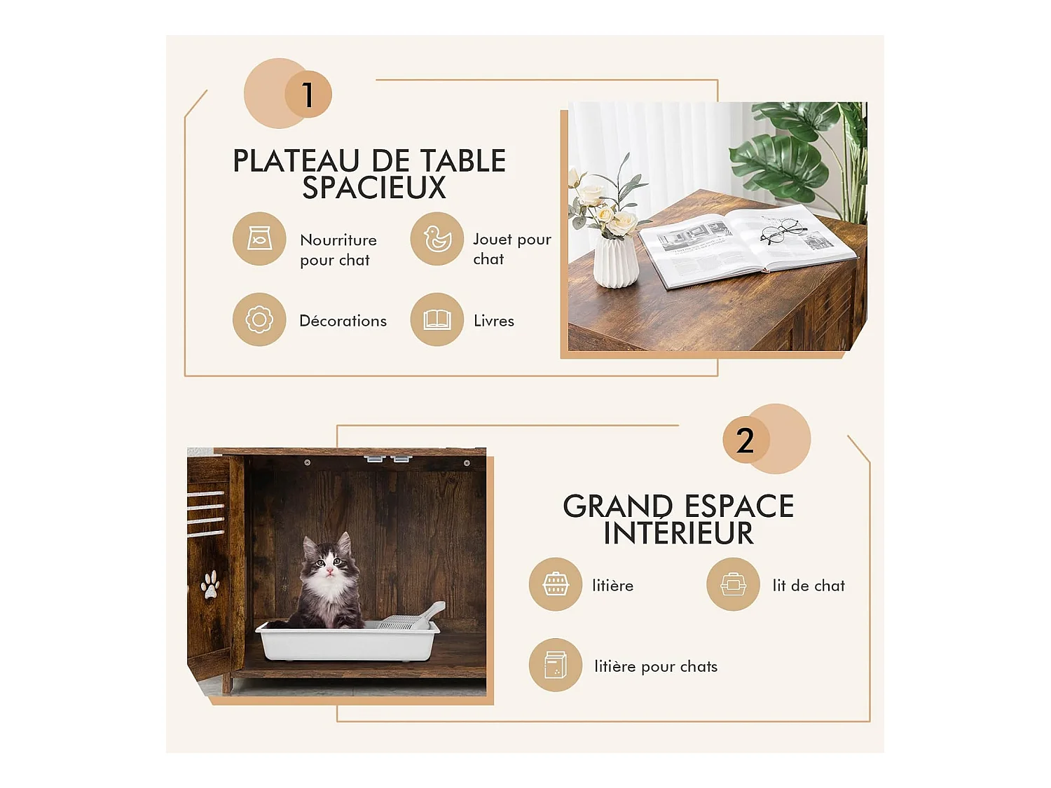 Meuble Litiere Chat avec Portes à Persiennes et 2 poignées découpées Style Industriel, 70 x 52 x 51 CM