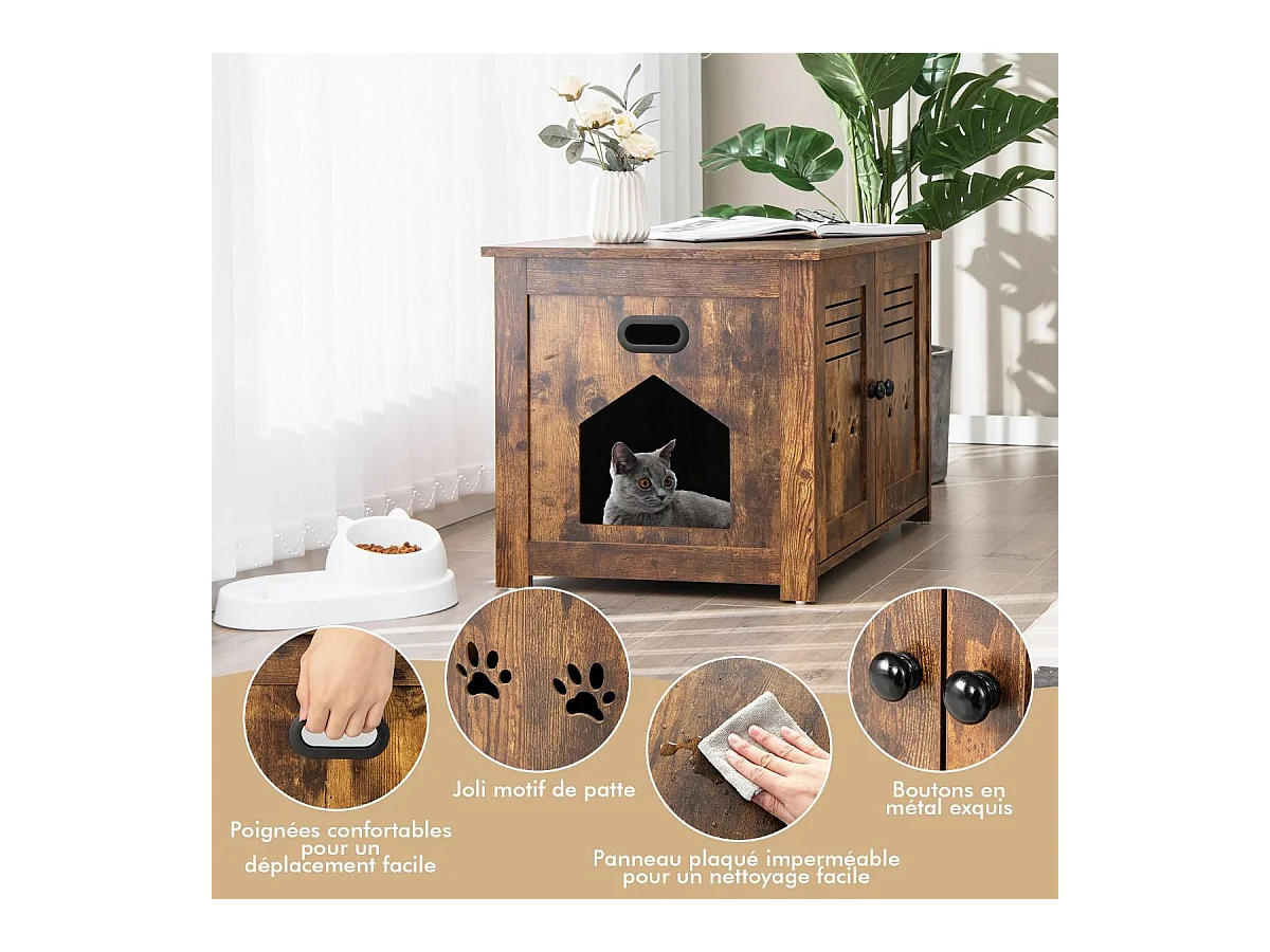 Meuble Litiere Chat avec Portes à Persiennes et 2 poignées découpées Style Industriel, 70 x 52 x 51 CM