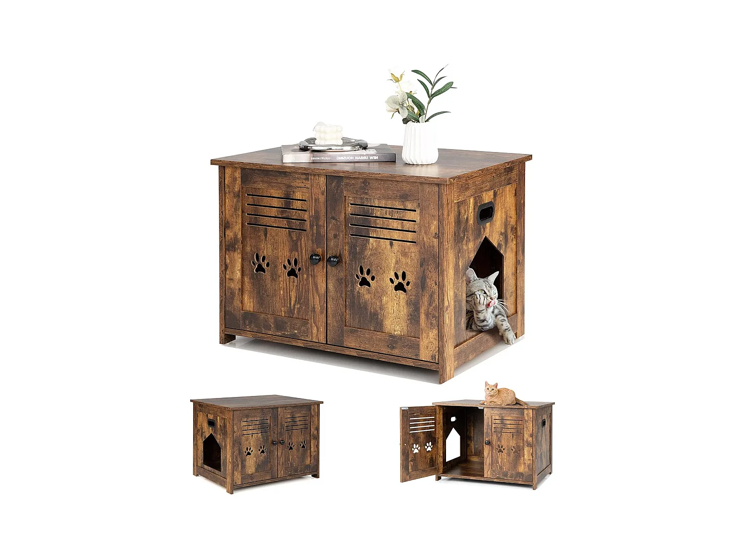 Kattenbak met louvredeuren en 2 uitgesneden handgrepen, industriële stijl, 70 x 52 x 51 cm