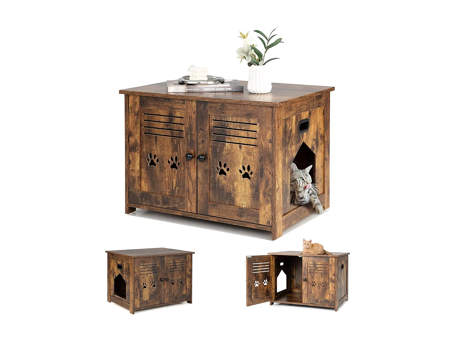 Meuble Litiere Chat avec Portes à Persiennes et 2 poignées découpées Style Industriel, 70 x 52 x 51 CM