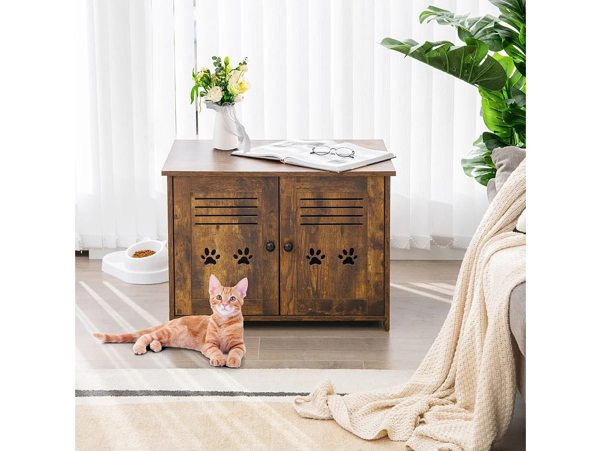 Meuble Litiere Chat avec Portes à Persiennes et 2 poignées découpées Style Industriel, 70 x 52 x 51 CM