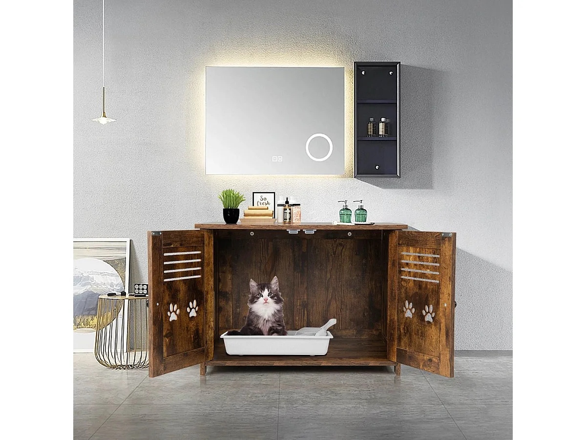 Meuble Litiere Chat avec Portes à Persiennes et 2 poignées découpées Style Industriel, 70 x 52 x 51 CM